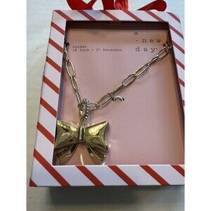 A New Day Locket Necklace - Gold Tone Bow Locket Charm - 18” NEW